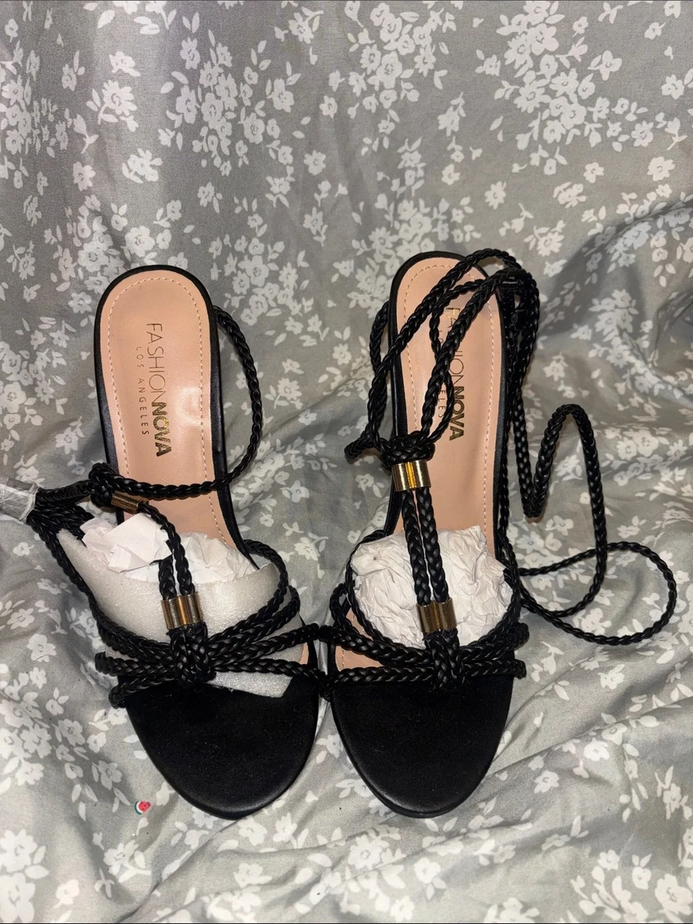 Fashion Nova Black Braided Lace-Up Heels with Gold Accents